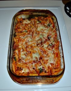 Baked Penne with Ragu Sauce, Spinach, Sausage, and two types of cheese