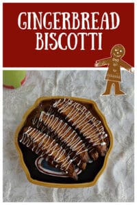 Pin Image: Text, a plate with biscotti piled on top of it drizzled in white chocolate.