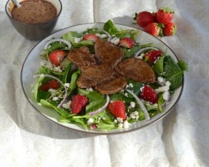 Make this Balsamic Pork Salad with Strawberries and Goat Cheese with a Strawberry Balsamic Vinaigrette on top