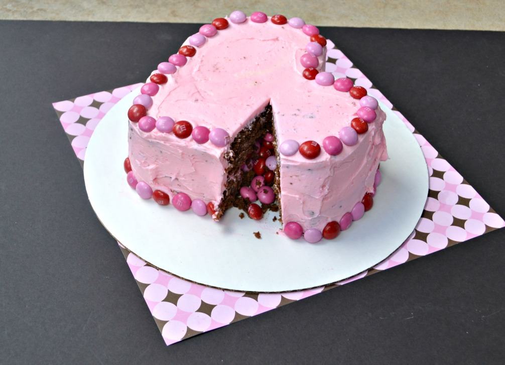 Have your friends, sweetheart, or kids enjoy this delicious chocolate cake filled with M&M's® Strawberry