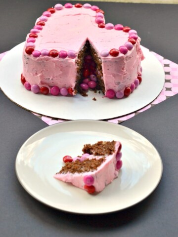 I love this fun and festive Chocolate Cake filled with M&M's® Strawberry for Valentine's Day!e