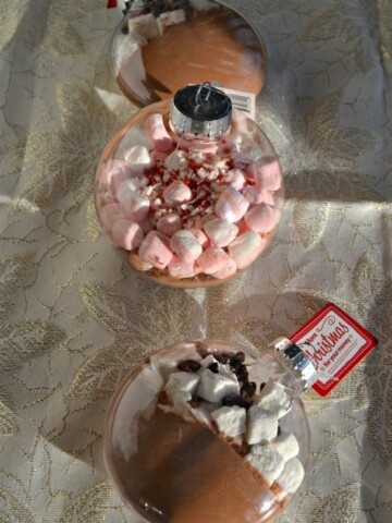 Hot Chocolate in an ornament comes in two tasty flavors: Peppermint or triple chocolate!