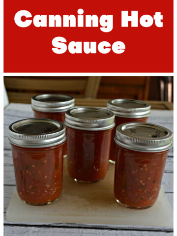 Pin Image: Text, five jars of hot sauce on a table.