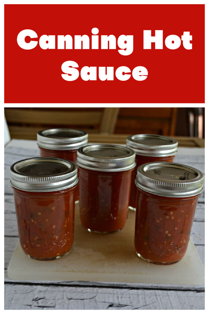 Pin Image: Text, five jars of hot sauce on a table.