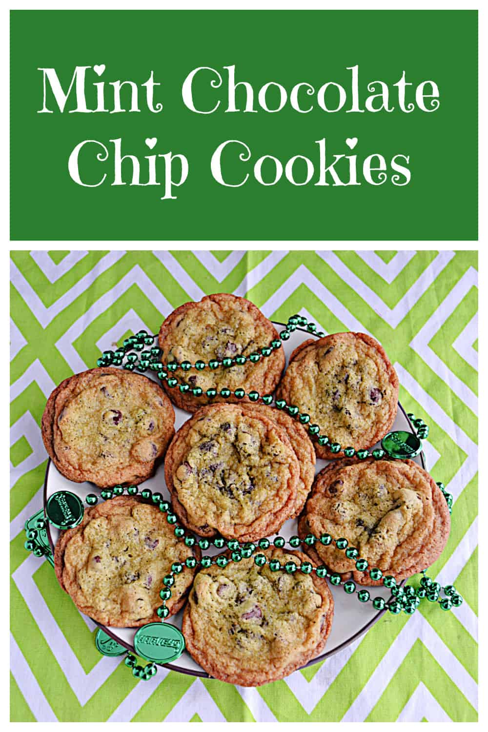 Pin Image:  Text title, A plate of cookies and green beads. 