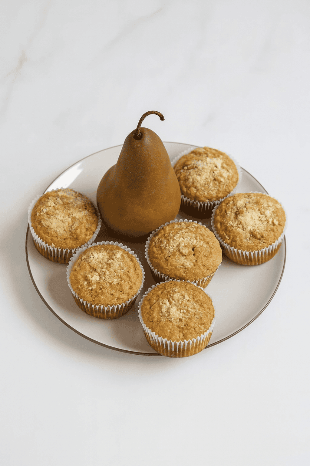 A plate with muffins on it and a pear in the middle.