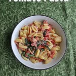 Pin Image: Title, a bowl of pasta with tomatoes and spinach.