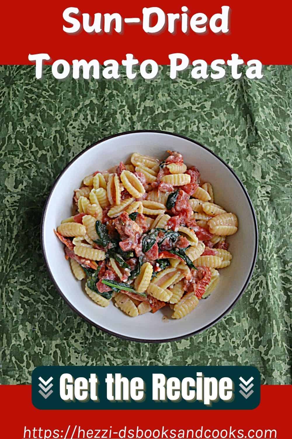 Pin Image: Title, a bowl of pasta with tomatoes and spinach.