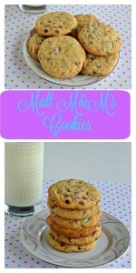 Check out a stack of chocolate chip cookies studded with pastel colored malt M&M's