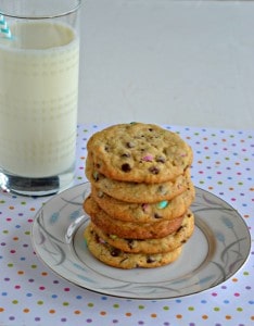 Give your kids a spring treat with these chocolate chip cookies studded with pastel colored malt M&M's!