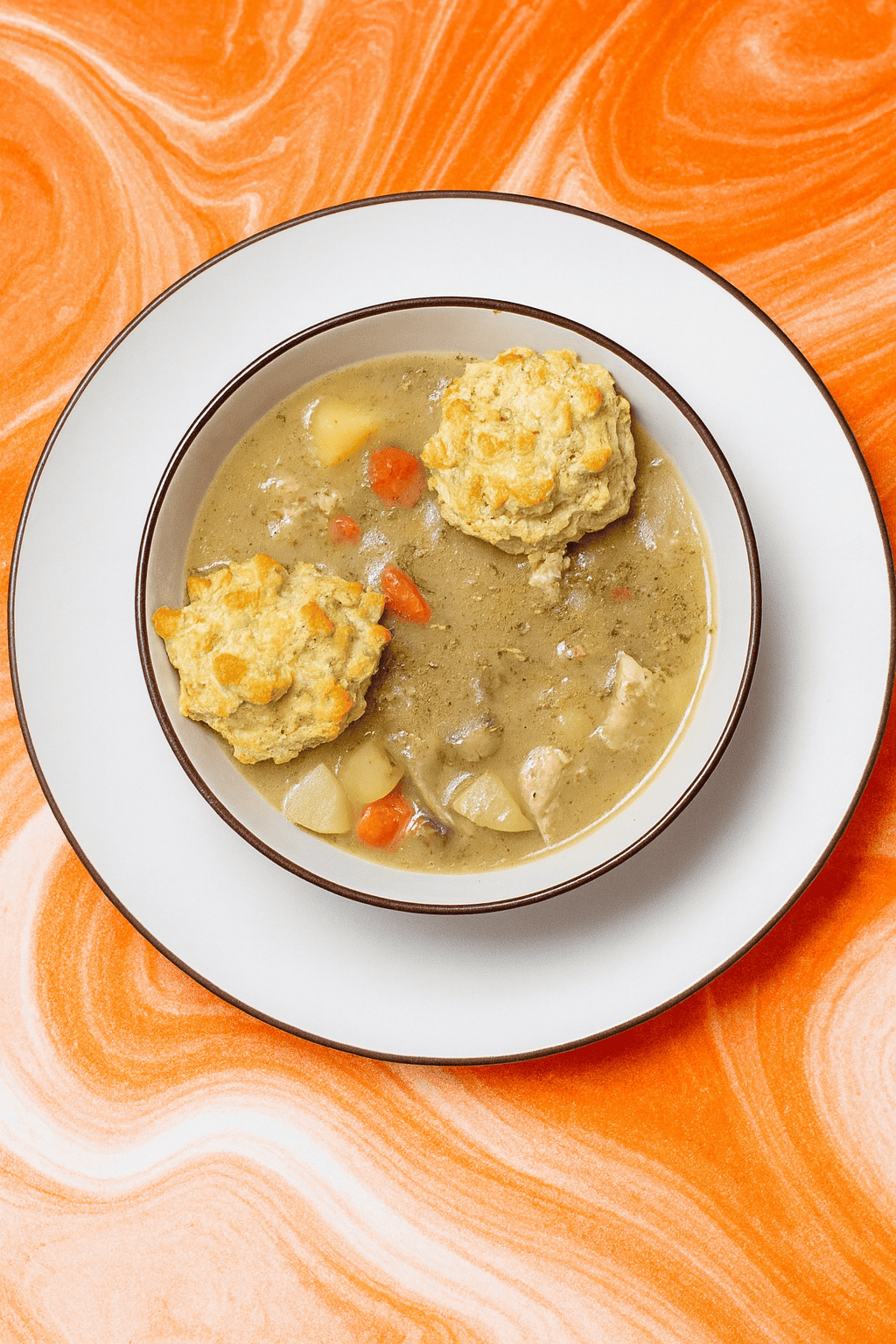 A bowl of turkey and vegetable stew with biscuits on top.