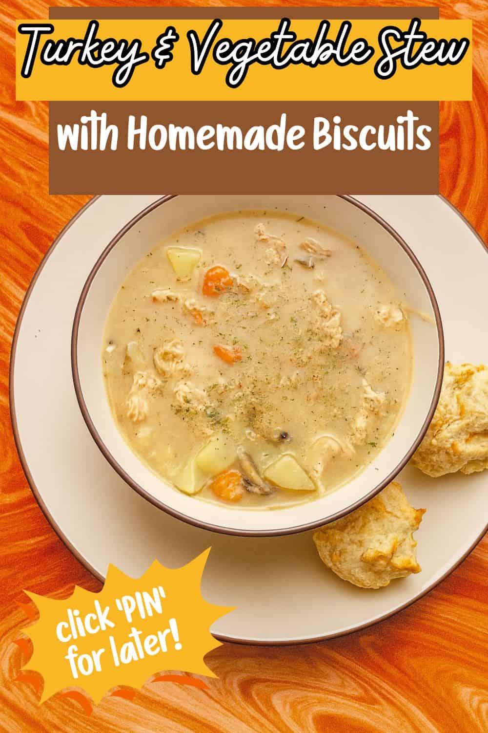 Pin Image: A bowl of vegetable soup with two biscuits on the side.