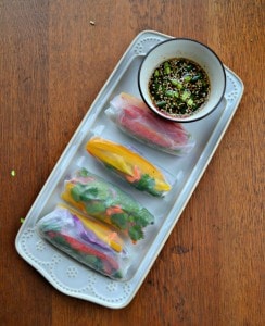 Fresh Vegetable Rainbow Rolls are so pretty as you can see through the rice paper wrappers into the vegetable filling.