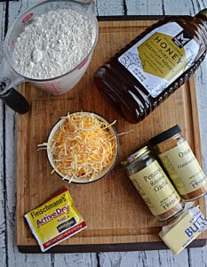 Ingredients for making Cheddar Garlic Dinner Rolls.
