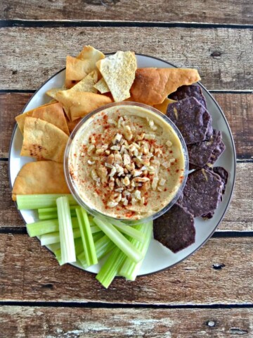 Need an "unofficial meal" mid-day? Try Sabra Hummus topped with Walnuts and Ginger then served with celery, pita chips, and tortilla chips.