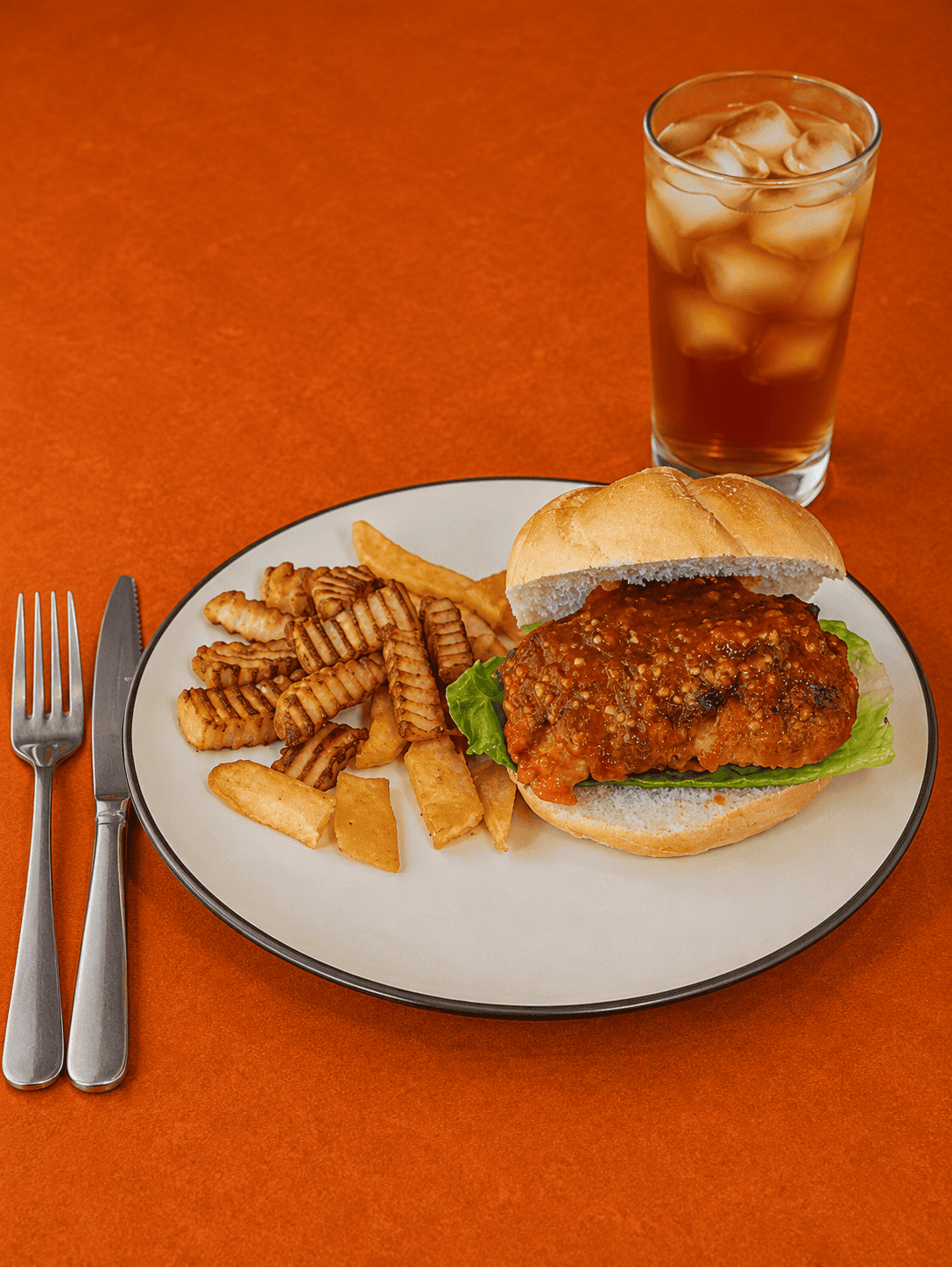 A plate with a buffalo chicken sandwich and fries, a glass of iced tea behind the plate.