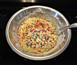 Colorful sprinkles and white chocolate chips make an incredible Cake Batter Blondie!