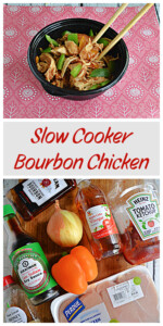 Pin Image: A bowl of bourbon chicken and peppers with chopsticks on the bowl, text title, a cutting board with a bottle of bourbon, a bottle of soy sauce, an onion, a pepper, a bottle of vinegar, a bottle of ketchup, and a packet of chicken on it.
