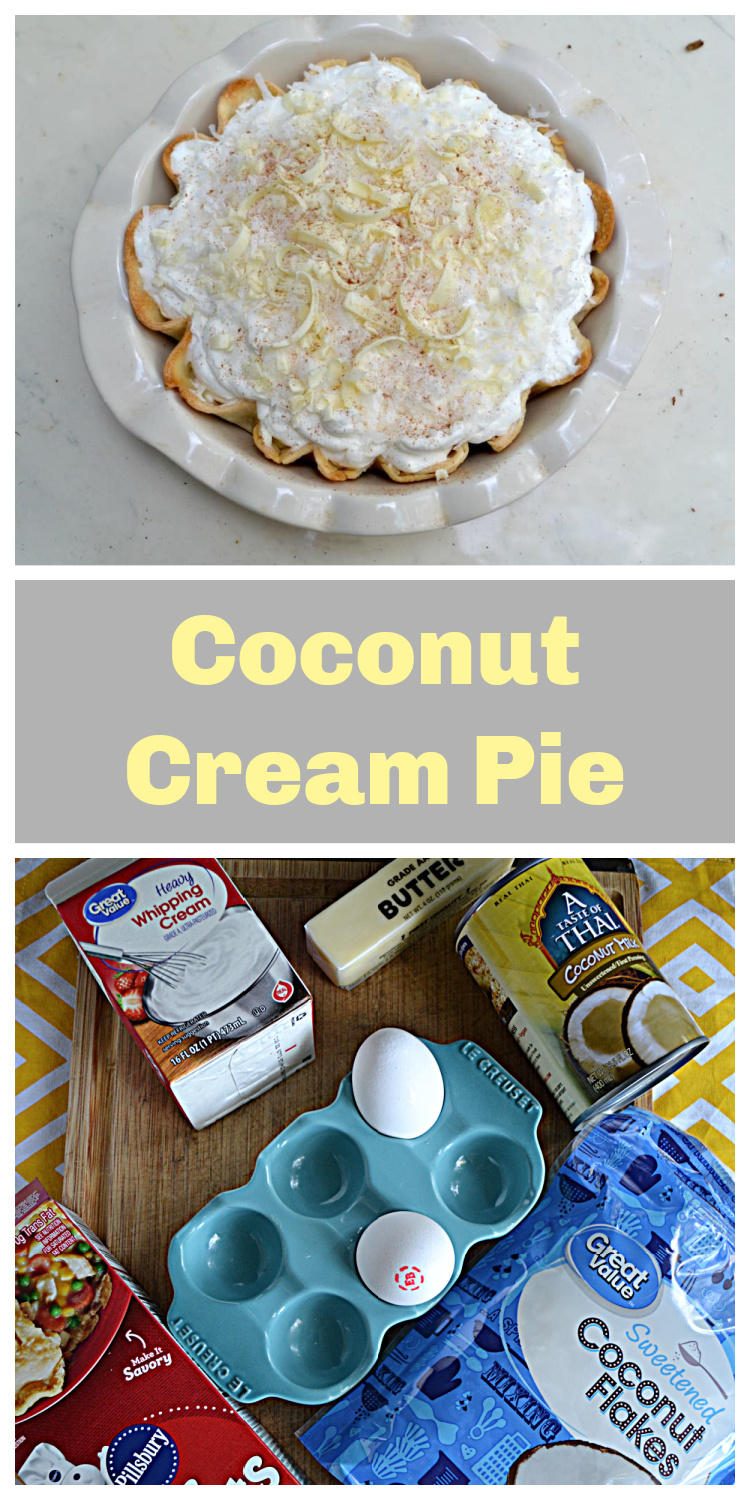 Pin Image:  A coconut cream pie, text title, a cutting board with a carton of heavyv cream, a stick of butter, 2 eggs, a bag of coconut flakes, a can of coconut milk, and a box of pie crust.