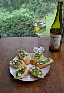 Pair a tasty Crostini with Brie, Fresh Peas, and Honey with a Chardonnay from Woodbridge by Robert Mondavi