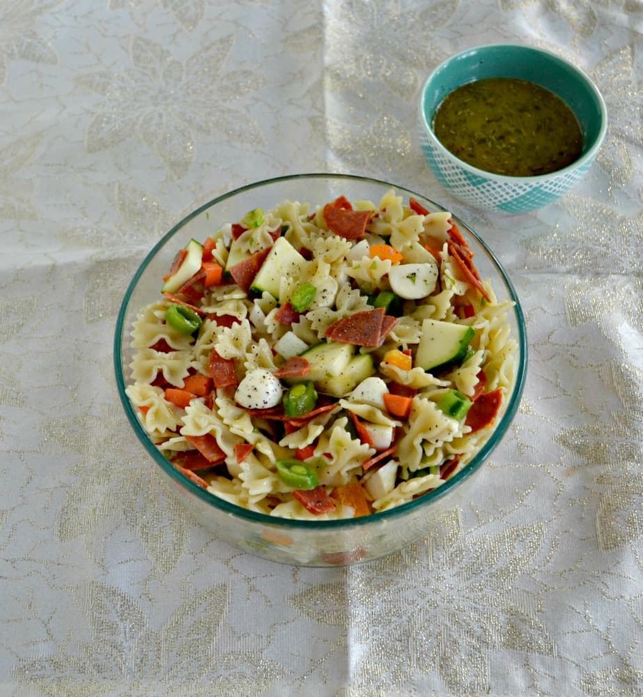 One taste and you'll be sold on this Pasta Salad with farm fresh vegetables, fresh mozzarella, pepperoni, and a Green Tea Vinaigrette dressing