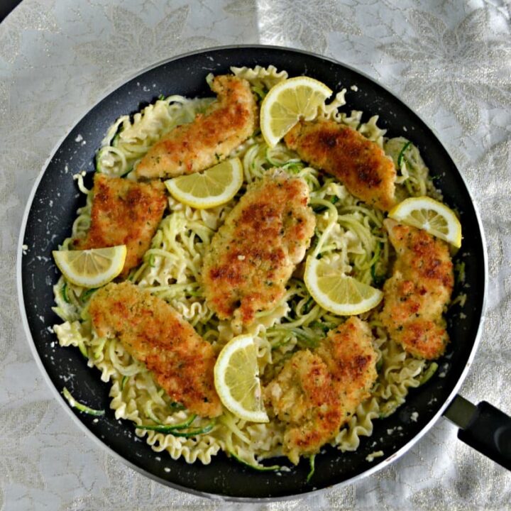 This Crispy Parmesan Chicken over Bright Lemon Pasta is one of my new favorite meals!
