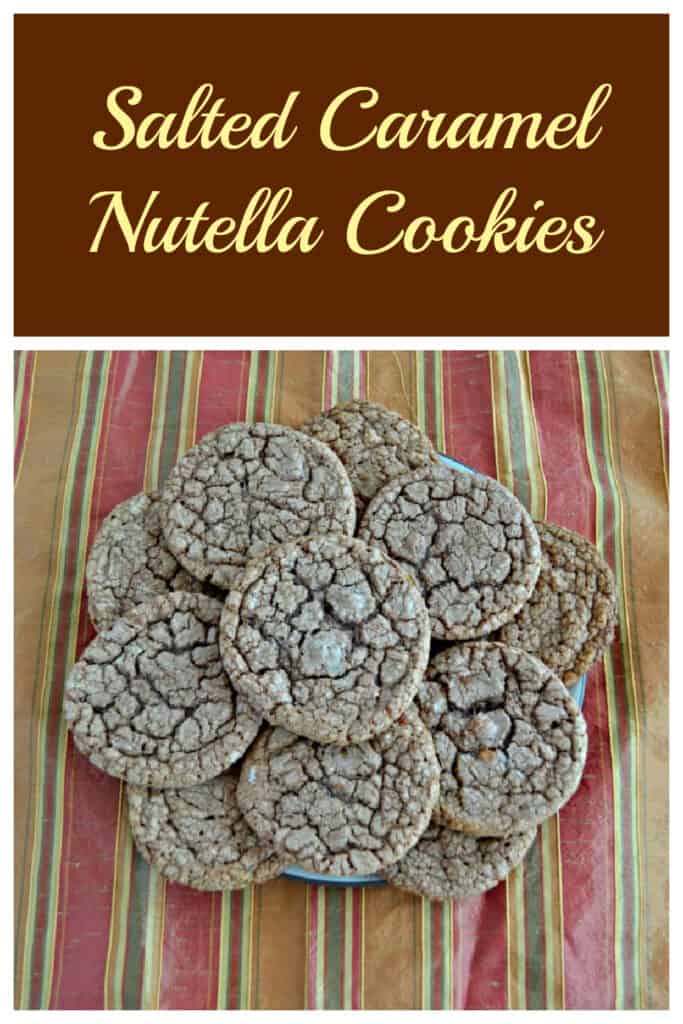 Pin Image: Text, a plate piled high wit caramel nutella cookies.