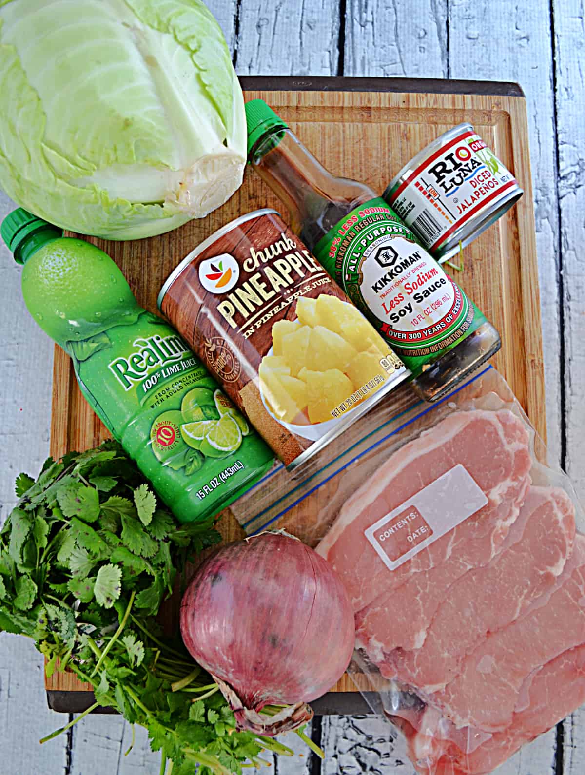 Ingredients to make pork tacos and jalapeno pineapple slaw.