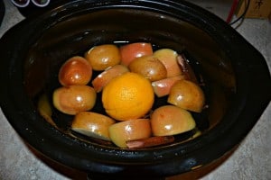 A slow cooker with apples and an orange in it.