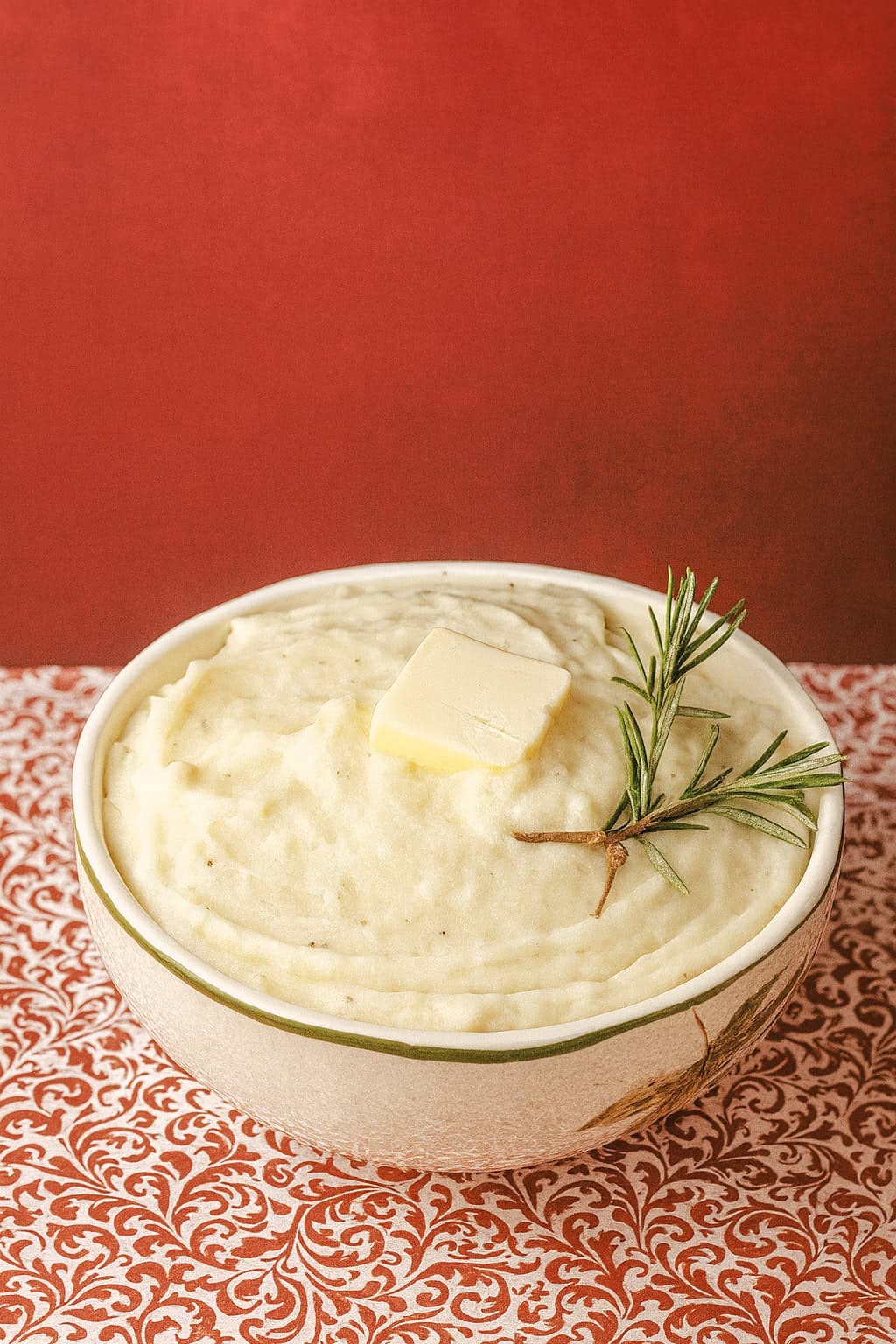 A bowl of mashed potatoes with a pat of butter and a sprig of rosemary on top.
