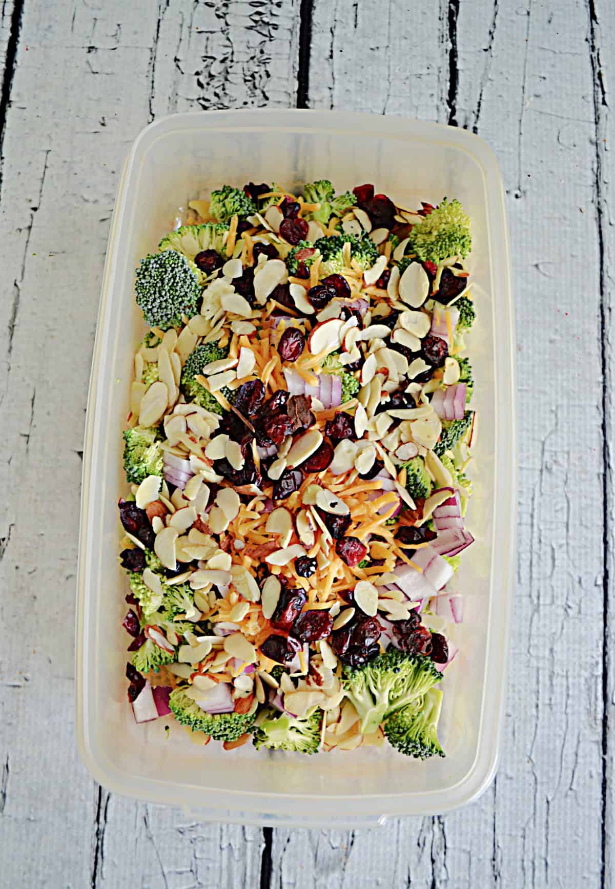 A bowl of broccoli, cheese, almonds, and cranberries.