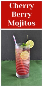 Pin Image: Text title, A glass of cherry mojito with a straw, lime wedge, and cherry on the side.