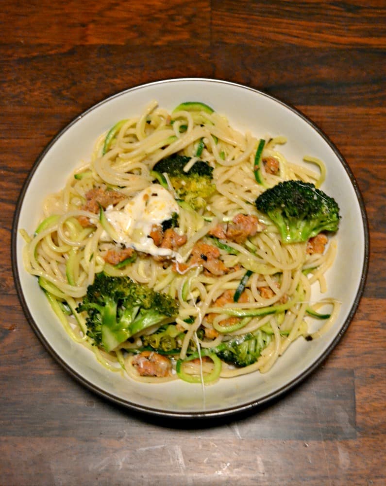 This easy Pasta and Zoodles with Sausage and Broccoli is a delicious and easy weeknight meal.