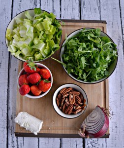 Everything you need to make a fresh and delicious Strawberry Pecan Salad with Honey Balsamic Vinaigrette.