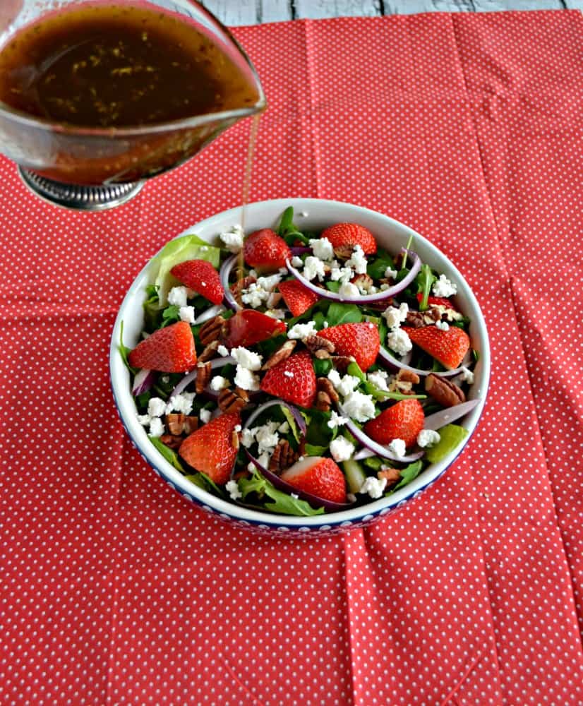 It only takes a few minutes to put together this tasty and pretty Strawberry Pecan Salad with Honey Balsamic Vinaigrettes tasty and 