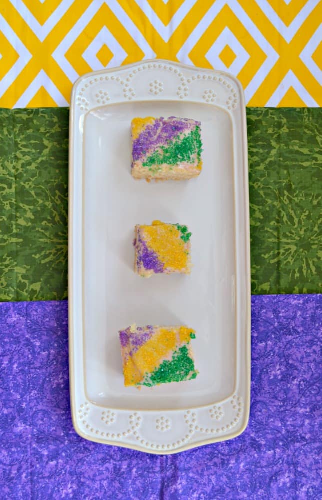 Celebrate Mardi Gras with these super fun and tasty King Cake Cookie Bars!