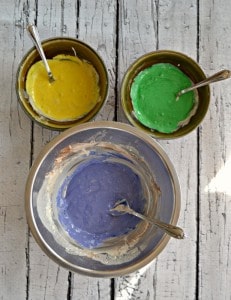 Mix up one batter and dye it three colors to make King Cake Pancakes!