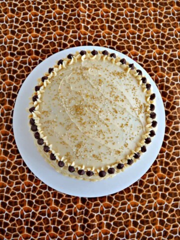 Cut into this delicious Mocha Caramel Cake topped with chocolate chips!