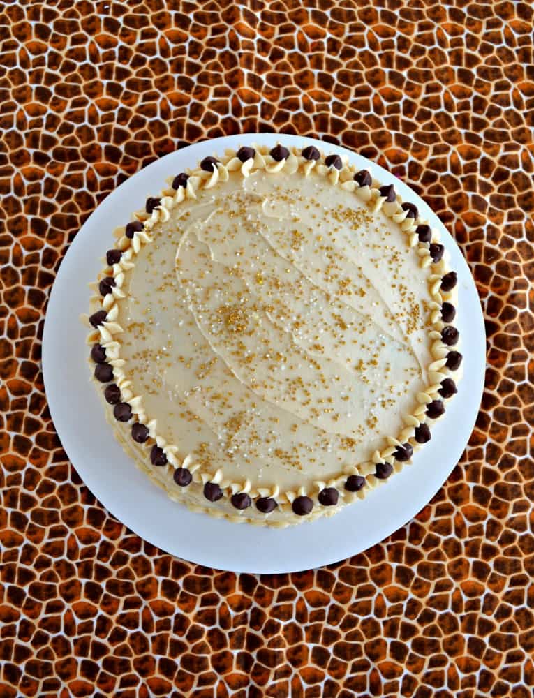 Cut into this delicious Mocha Caramel Cake topped with chocolate chips!