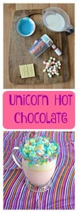Want to make your kids a fun beverage? Try this colorful Unicorn Hot Chocolate topped with whipped cream, marshmallows, and sprinkels!