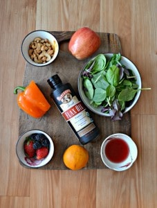 Everything you need to make a delicious Fruit and Nut Salad with Barleans Flax OIl