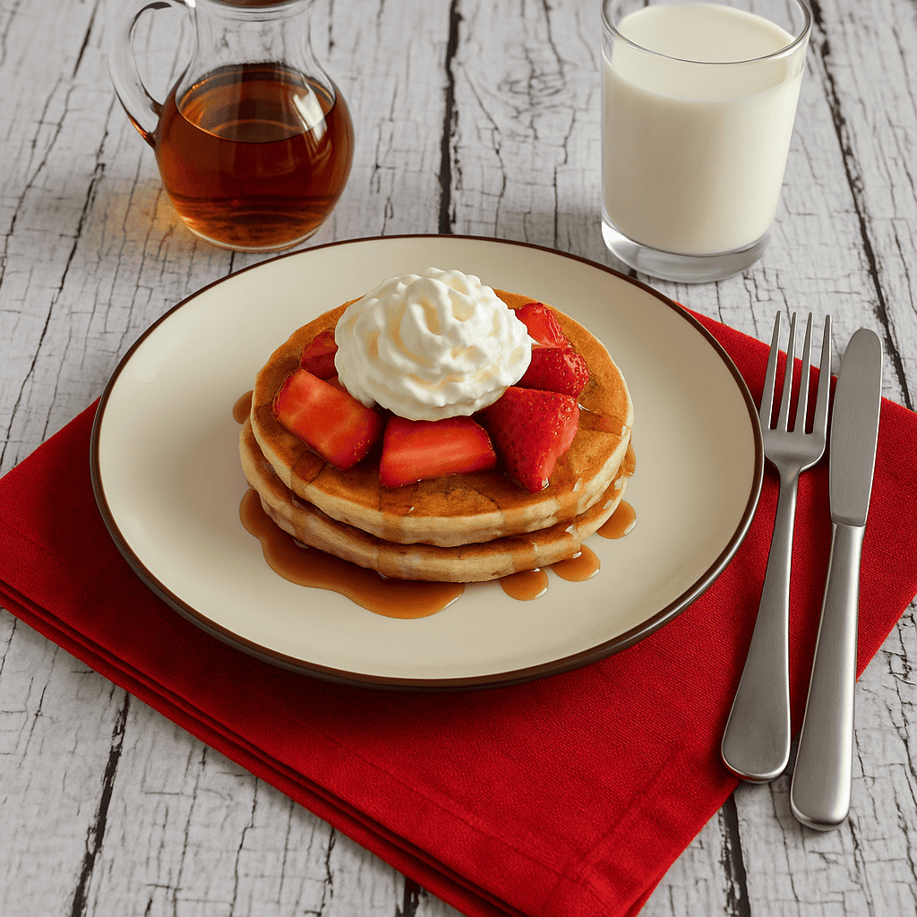A stack of pancakes topped with strawberries, whipped cream, and syrup with a carafe of syrup and a glass of milk behind the plate.