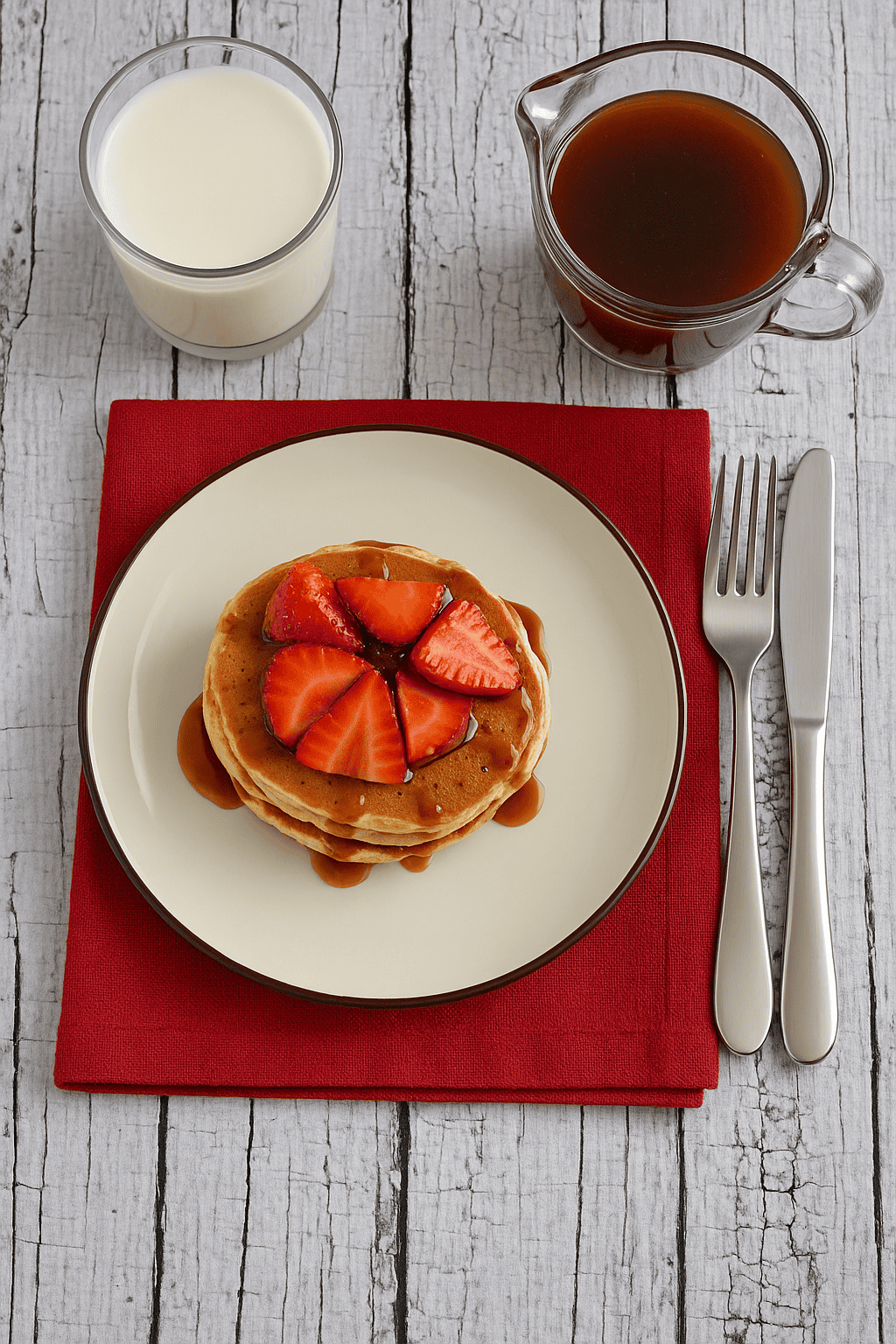 A plate of pancakes with strawberries and syrup on it with a glass of milk and a carafe of syrup in the background.
