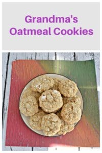 Pin Image: Text, a plate piled high with oatmeal cookies.
