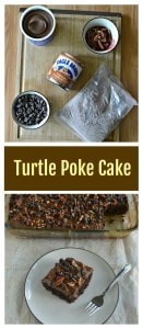 It's easy to make a delicious Chocolate Turtle Poke Cake!