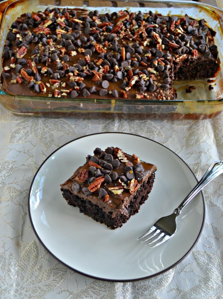 The whole family will love to dig into this Chocolate Turtle Poke Cake topped with pecans, caramel, and chocolate chips!