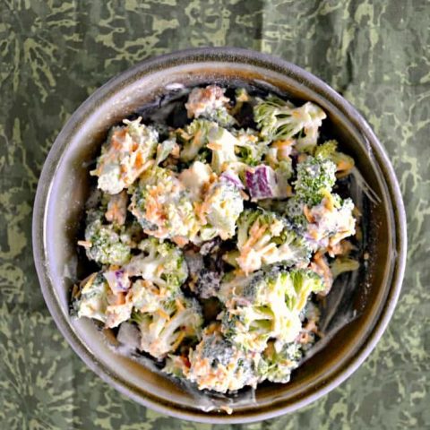 Love this Broccoli Salad with onions, bacon, cranberries, and walnuts!