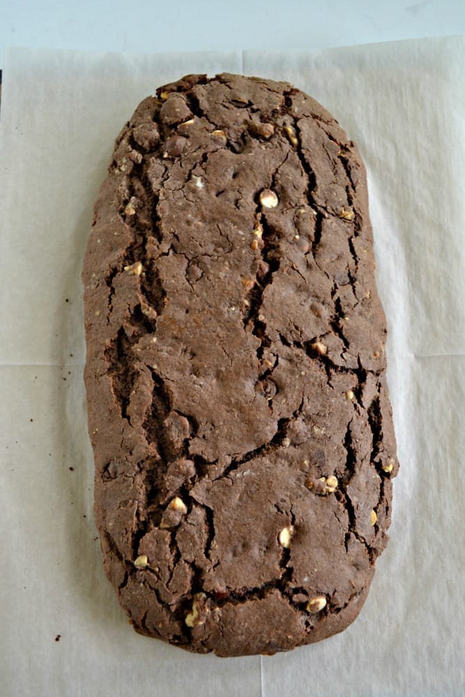 A loaf of brownie biscotti before its cut.