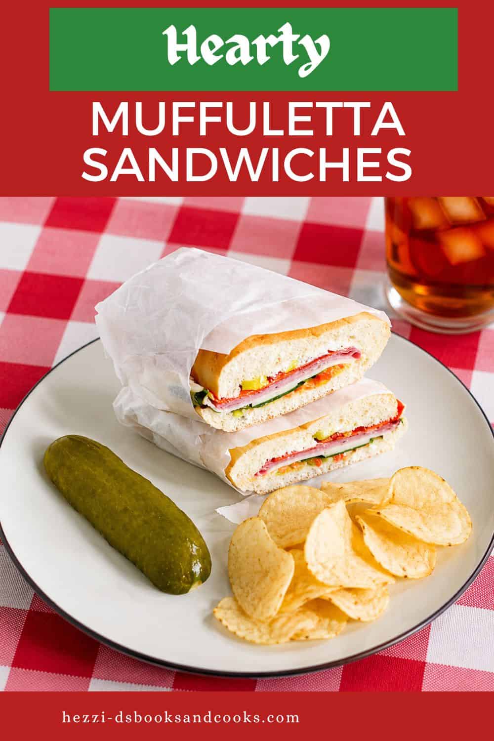 Pin Image: Title, Two wrapped sandwich halves, a handful of chips, and a pickle on a plate with a glass of iced tea behind the plate.