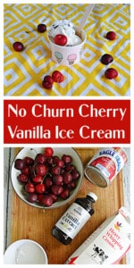 Pin Image: A top view of a cup of cherry vanilla ice cream with cherries all around, text title, ingredients to make the ice cream.